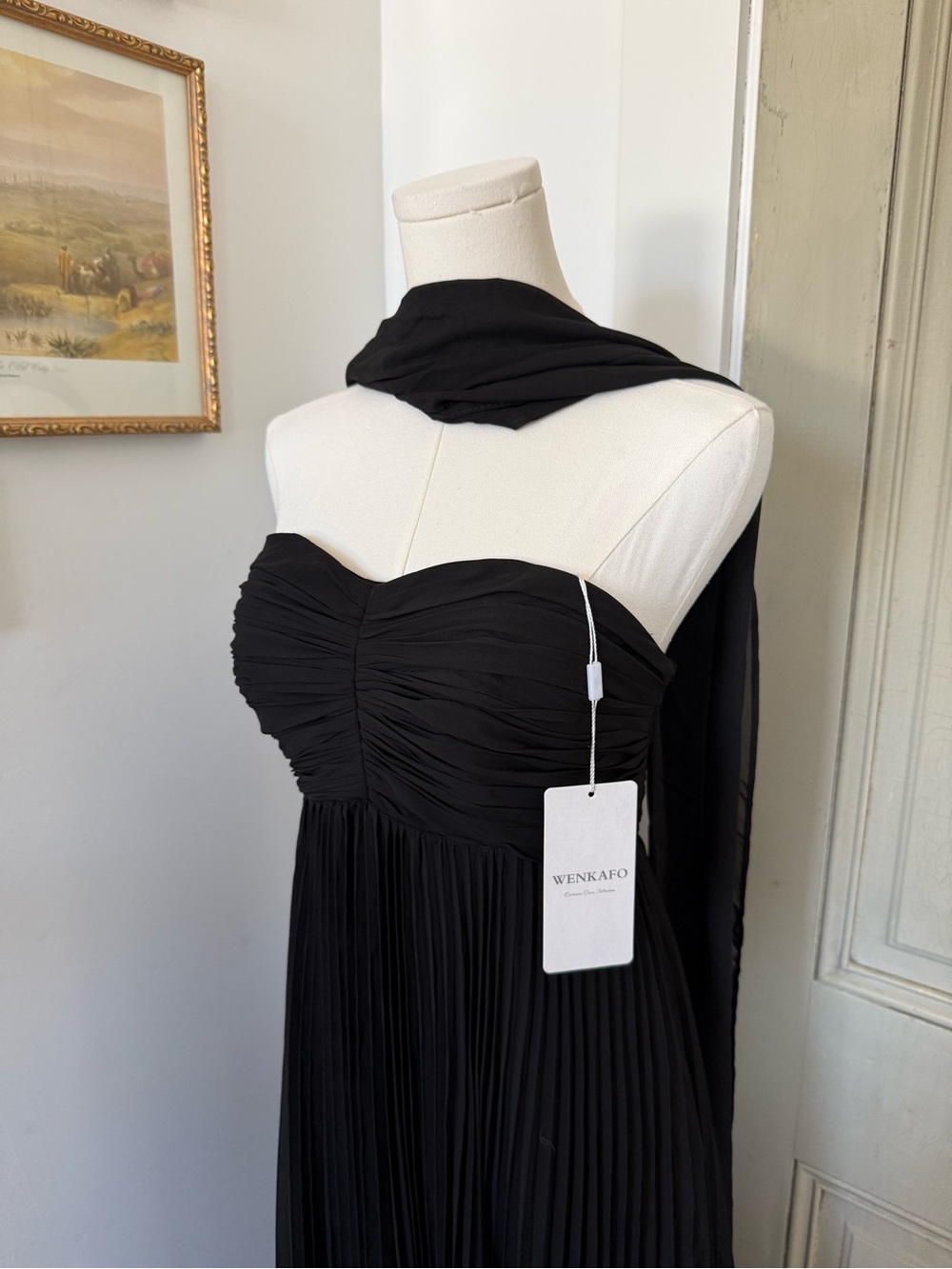 Black Strapless Pleated Evening Dress